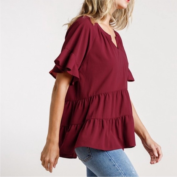 Umgee Bell Ruffle Sleeve Tiered Oversized Short Sleeve In Burgundy. NWT! Sz S - Picture 3 of 9